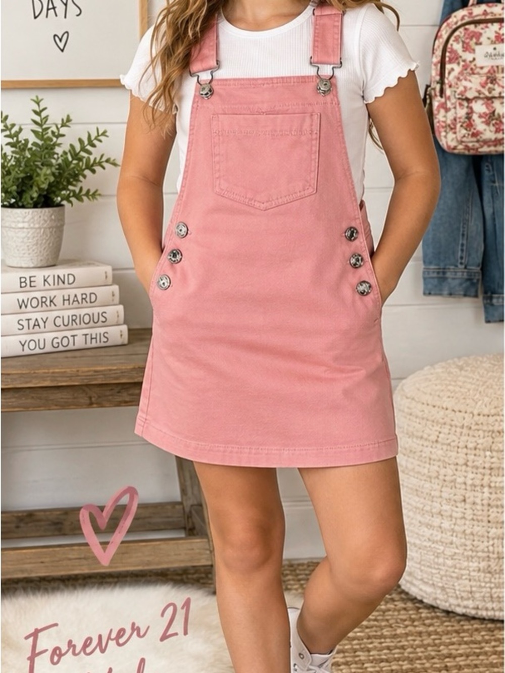 Forever 21 Kids Girls 13/14 Pink Denim Overall Dress Jumper NWT